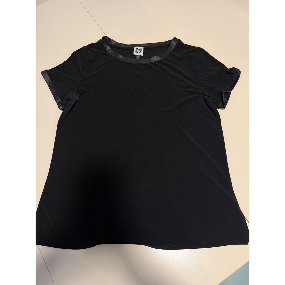 Anne Klein Womens Black Faux Leather Trim Snap Back Short Sleeve Blouse Size M